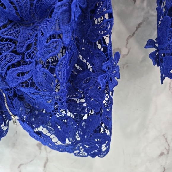 Self Portrait Dress Womens 8 Blue 3D Lily Mini Lace Crochet Zip Floral Royal - Picture 6 of 14